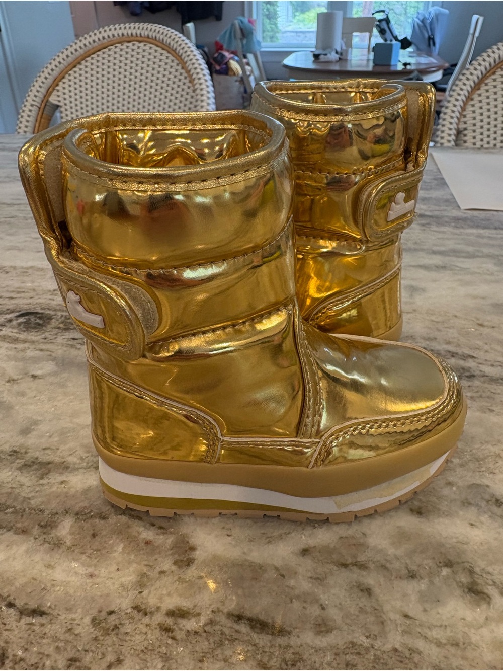 Shiny Gold Kids Insulated Winter Boots with Hook-and-Loop Strap